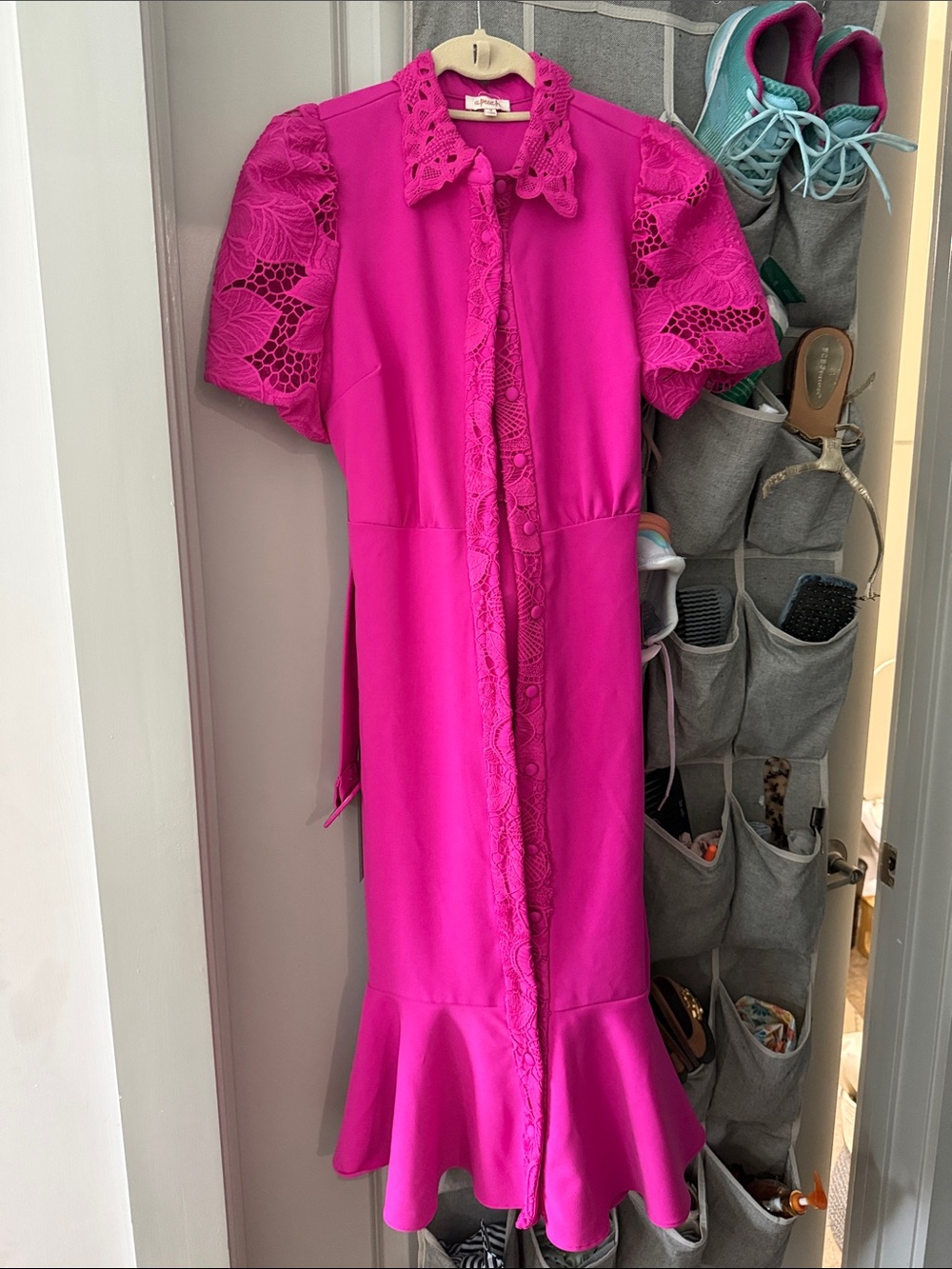 Fuchsia Lace-Trim Midi Dress with Puff Sleeves